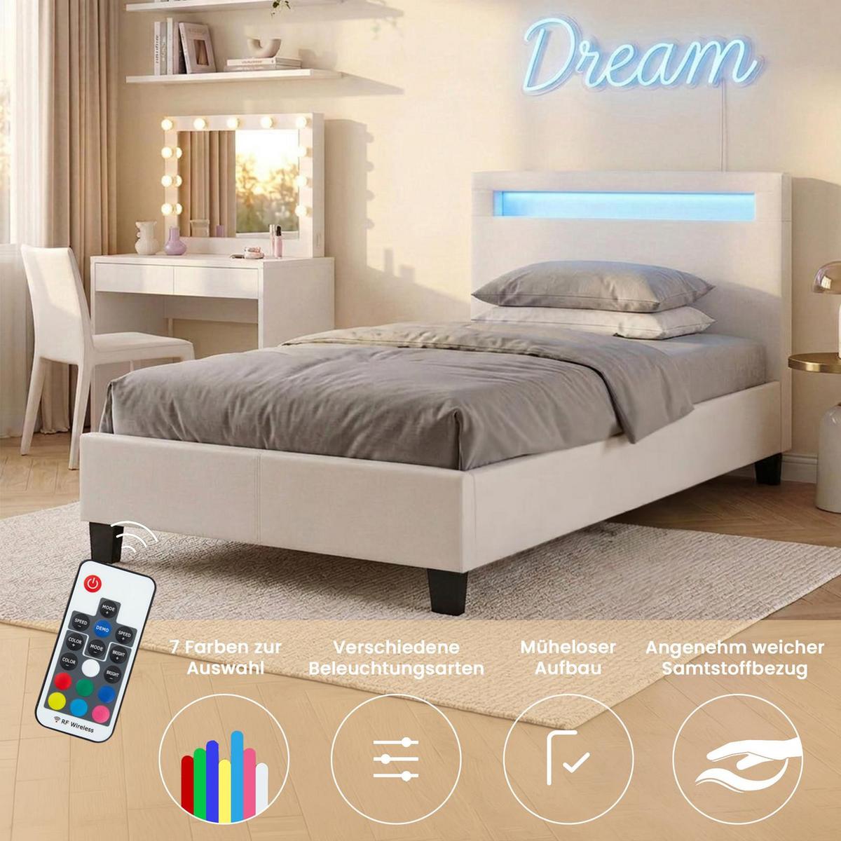 POLSTERBETT MIT LED HIMALAYA 90X200 CM - Weiß, Textil (90/200cm) - CARO-Möbel