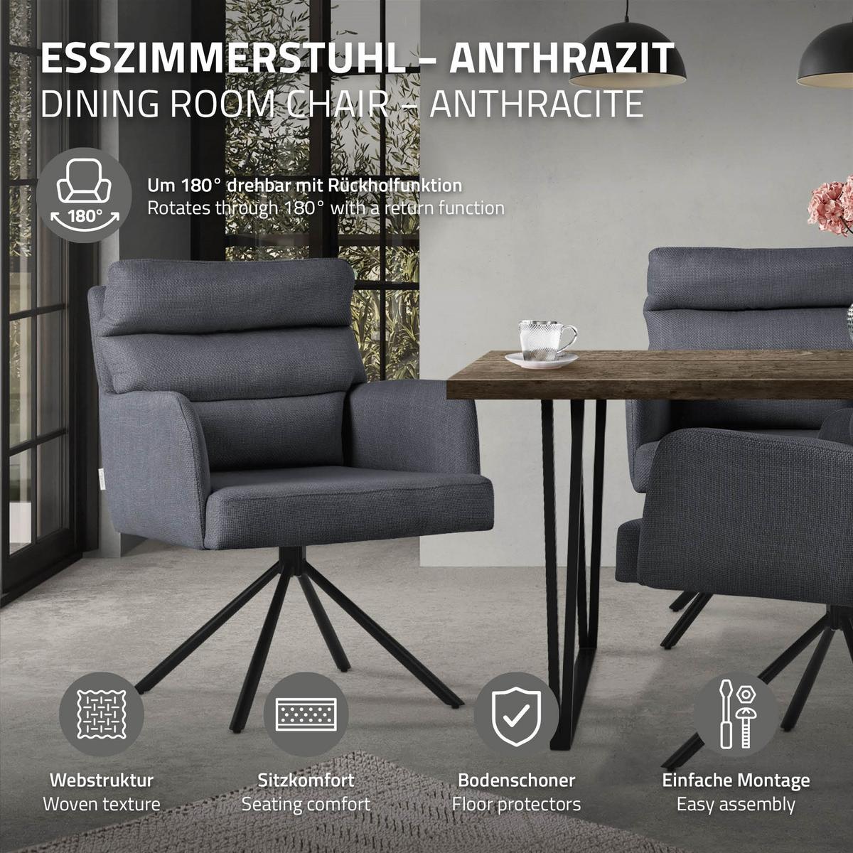 ESSZIMMERSTUHL 4er Set drehbar Anthrazit Stoffbezug - Anthrazit/Schwarz, Textil/Metall (64.5/93/64cm) - ML-DESIGN