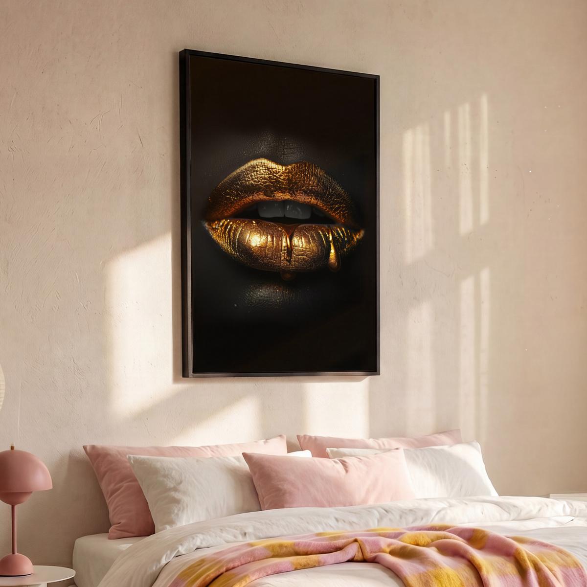 LEINWAND Bilder mit Rahmen - Frau - Porträt - Lippen - Gold - Schwarz - 90x140 - Schwarz, Textil (90/140cm) - MuchoWow