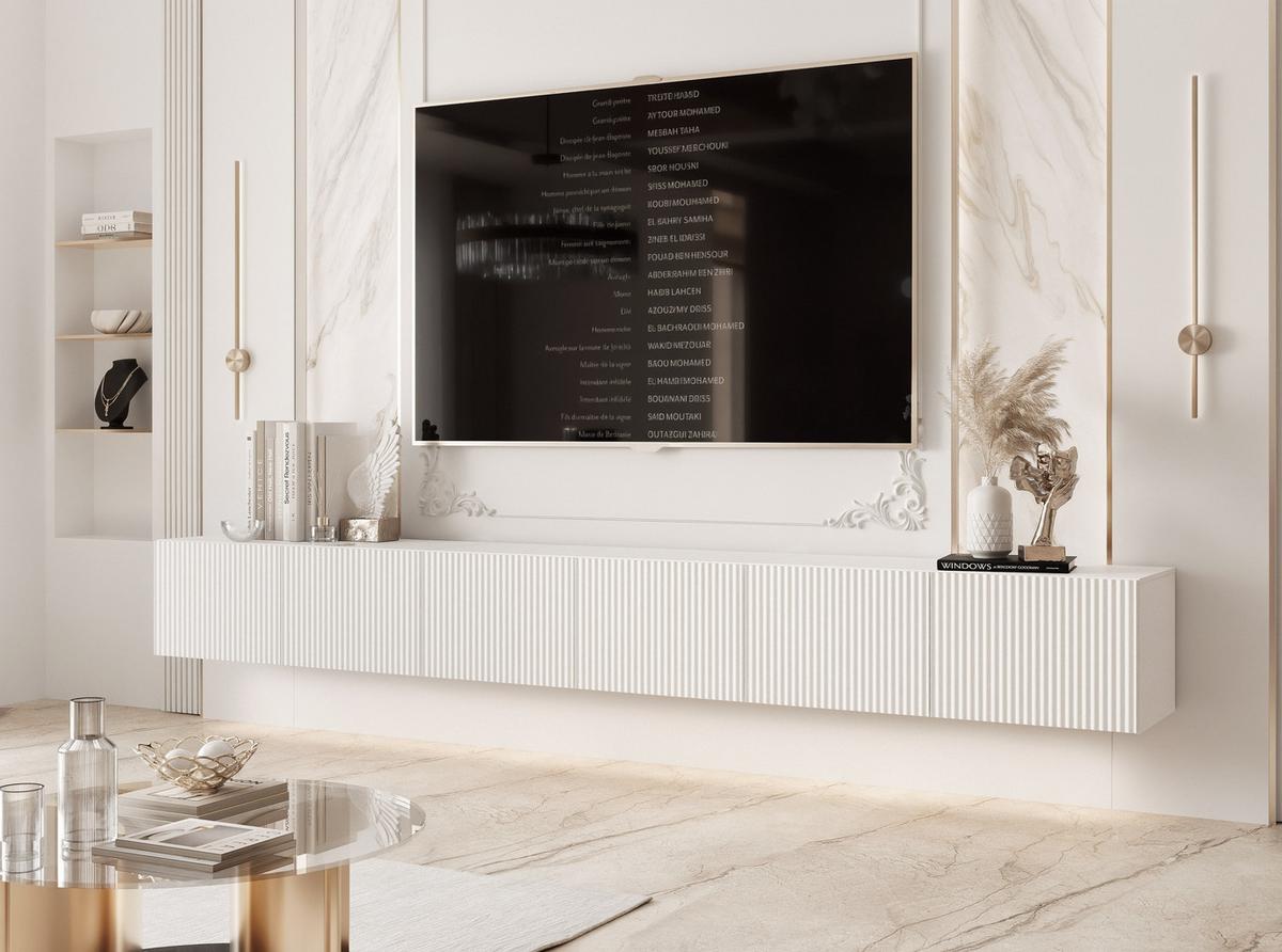 TV-HÄNGESCHRANK ANGEL 300 cm, geriffelte Front, LED-Beleuchtung, Weiß - Weiß, Holzwerkstoff (300/36/40cm) - Idohome