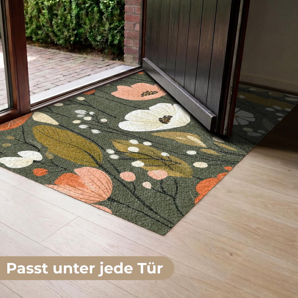 FUSSMATTE Blumen - Illustration - Grün Flurteppich 120x80 cm - Dunkelgrün, Kunststoff (120/0.4cm) - MuchoWow