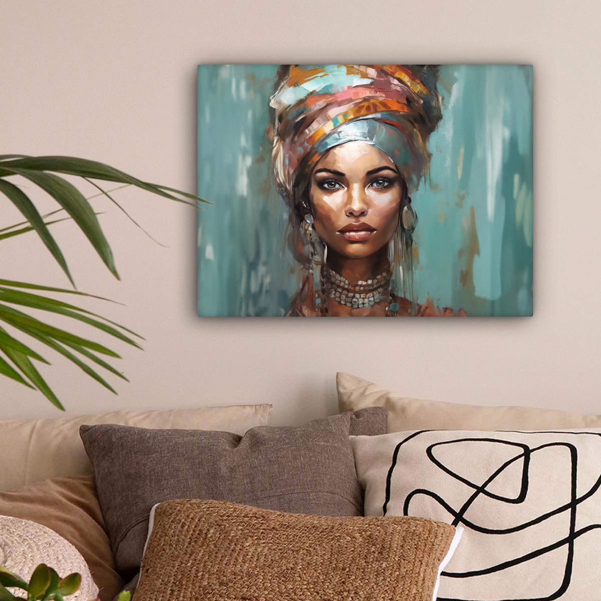 LEINWANDBILD Frau - Kunst - Schmuck - Porträt Wandbild 40x30 cm - Blaugrau, Textil (40/30cm) - MuchoWow