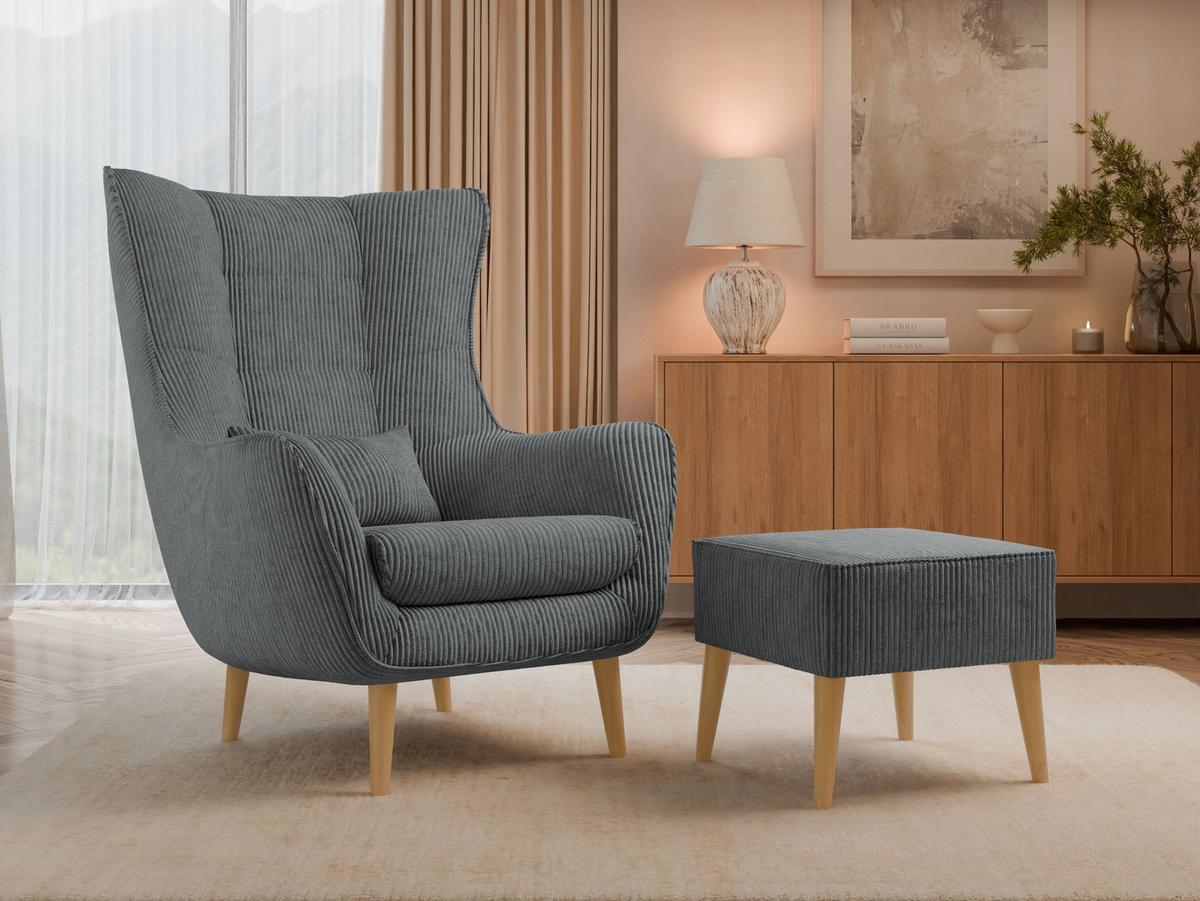 SESSEL Estjano Cord mit Fußbank - Beige/Grau, Holz/Textil (80/106/95cm) - MIRJAN24