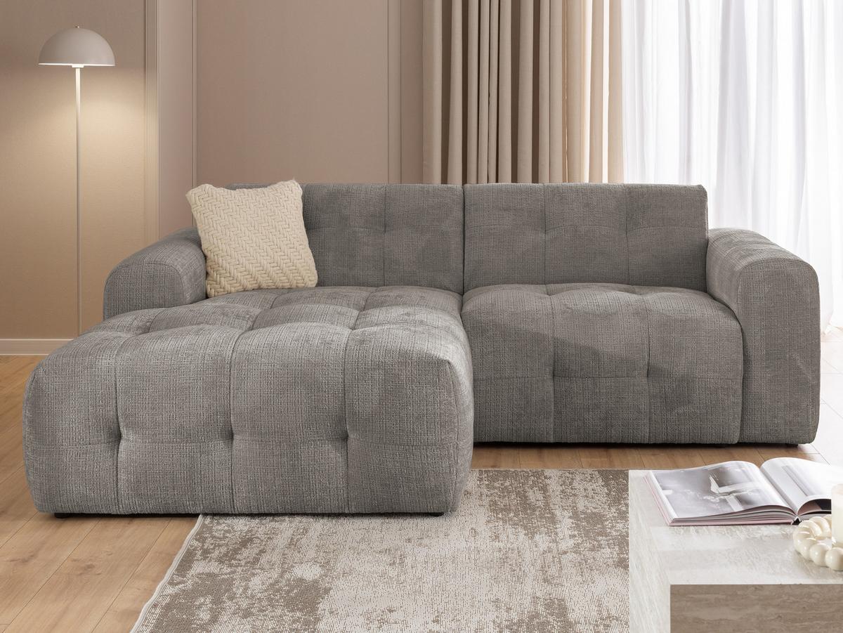 ECKSOFA Kozy im Bumpy-Design mit fester Rückenlehne aus weichem Taupe Chenille-Stoff - Ottomane links - Taupe/Schwarz, Holz/Kunststoff (161/234cm) - S-Style