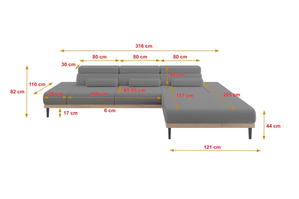 ELEKTRISCHES ECKSOFA Rechts MONA 316x205x85 Grau Bouclé - Silberfarben/Grau, Holzwerkstoff/Textil (316/205cm) - ALTDECOR