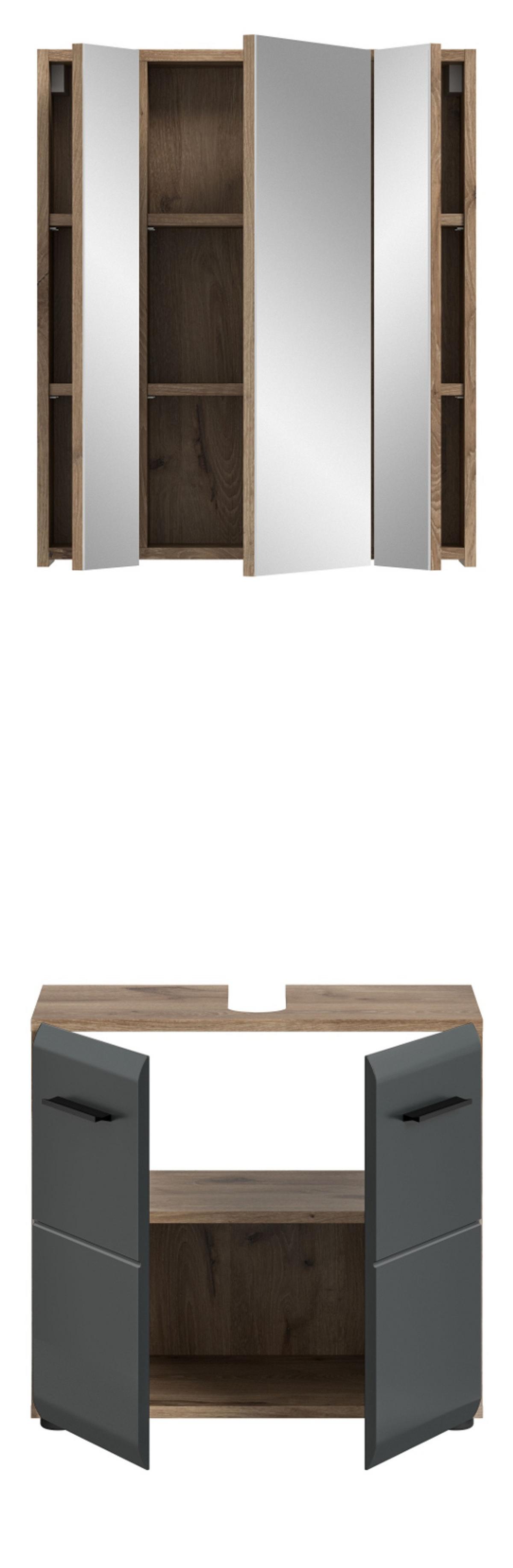 BADMÖBEL-SET 2-teilig schwarz matt, Eiche Nox, Set für Badezimmer und Gäste-WC, Breite 60 cm - Eichefarben/Schwarz, Glas/Holzwerkstoff (60/185/30cm) - Inn.Furn