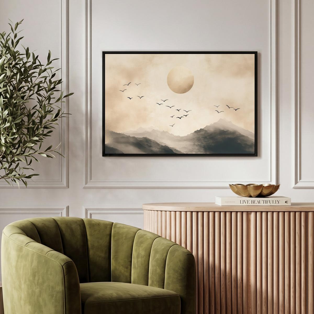 LEINWAND Bilder mit Rahmen - Landschaft - Japandi - Vogel - 60x40 - Beige, Textil (60/40cm) - MuchoWow