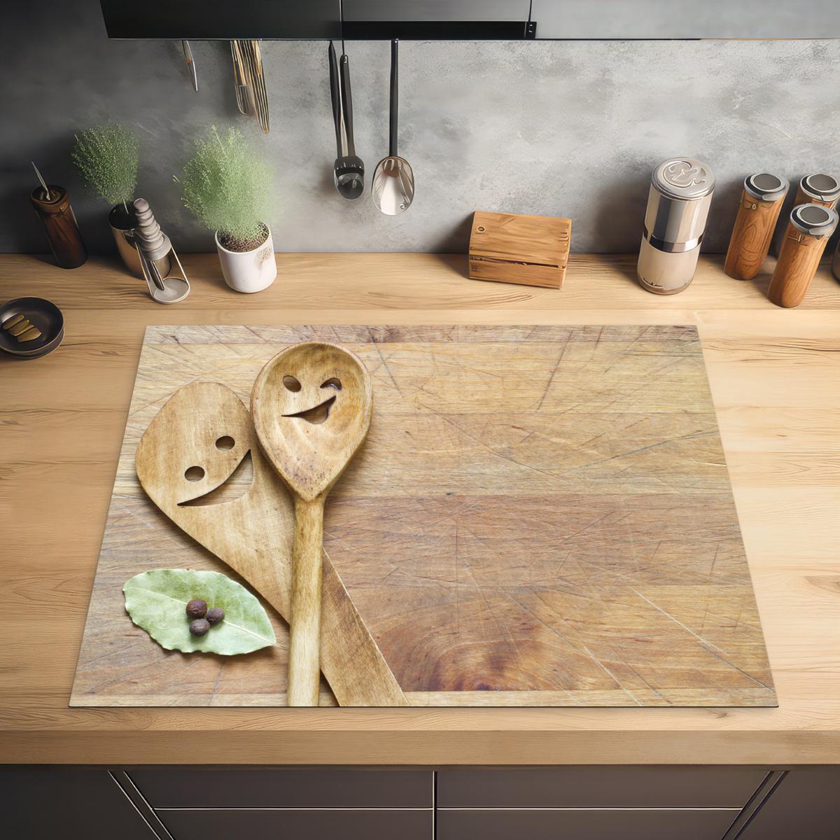 HERDABDECKPLATTE Holz - Löffel - Braun - Smiley Induktionsmatte 77x59 cm - Hellbraun, Kunststoff (77/59/0.2cm) - MuchoWow