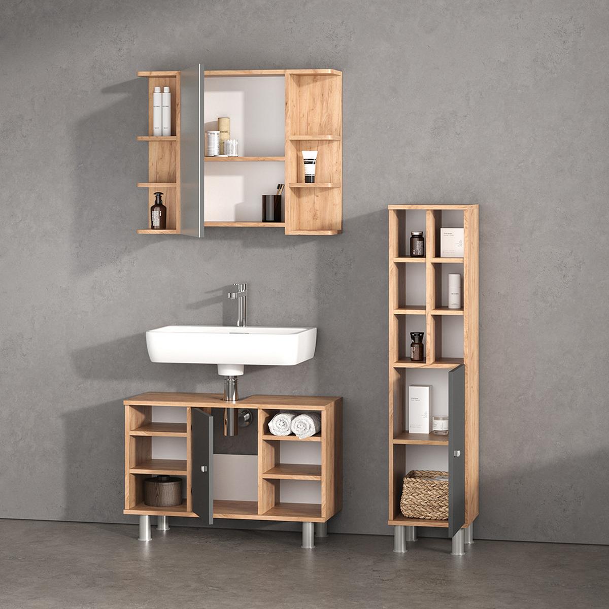 BADMÖBEL-SET Fucino Eiche 3 Teile, mit Midischrank Tür groß - Eichefarben, Holzwerkstoff (80/54/32cm) - Livinity®