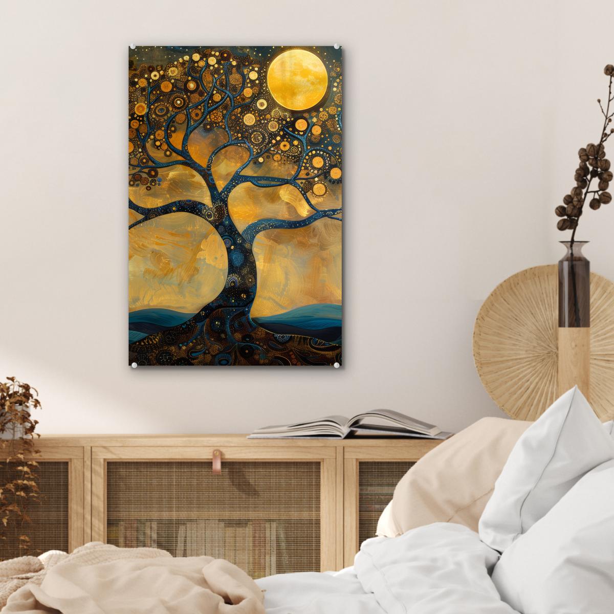 ACRYLGLASBILD Baum - Mond - Blumen - Gold - Kunst Wanddeko Wohnzimmer 40x60 cm - Orange, Glas (40/60cm) - MuchoWow