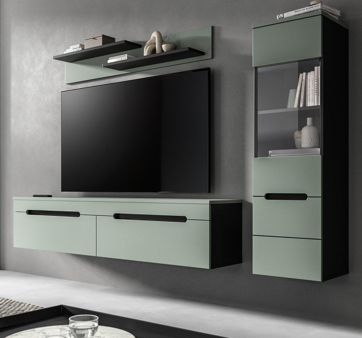WOHNWAND Salbei grün, grau, Kombination 3-teilig 220 cm hängend oder stehend, Soft-Close - Salbeigrün/Schwarz, Glas/Holzwerkstoff (221/141/33cm) - Inn.Furn