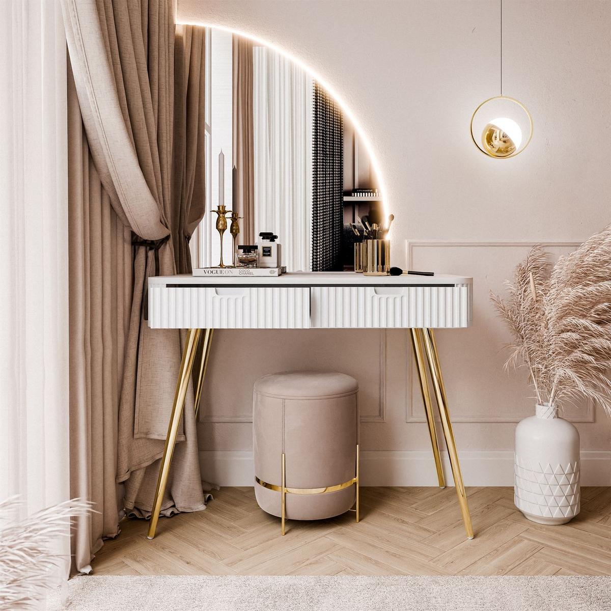 SCHMINKTISCH ZAIRA-QS mit LED Spiegel Rechte Weiß - Weiß, Holzwerkstoff (103/80/49cm) - Lookway