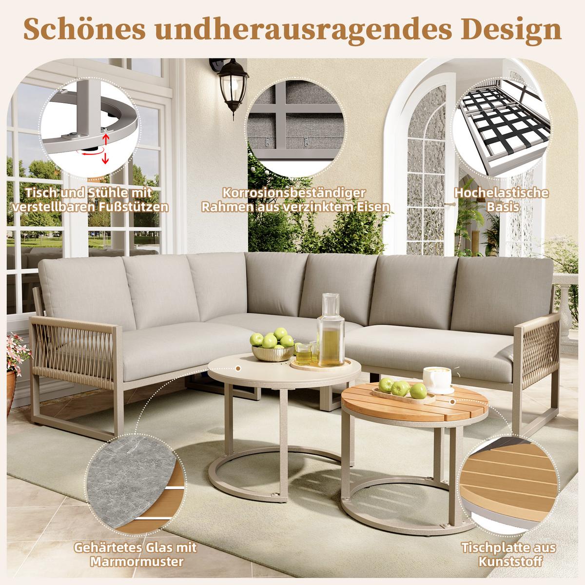 LOUNGEGARNITUR 5-tlg Beige Metall & Seil Ecksofa für 6–7 Personen mit 2 Couchtischen - Beige, Metall - Urban Meuble