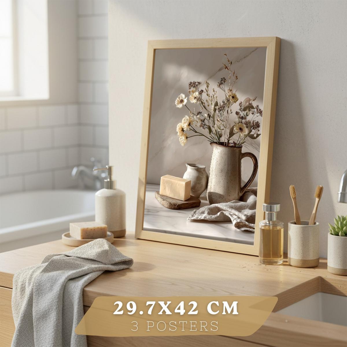 POSTER 3er-Set dekorative Badezimmer Kunstdrucke, Zen-Spa-Stil, minimalistische Bilder mit Steinen, Kerzen und Blumen, Leichter Holzrahmen A3 - Beige, Papier (42/29.7/3cm) - Nacnic