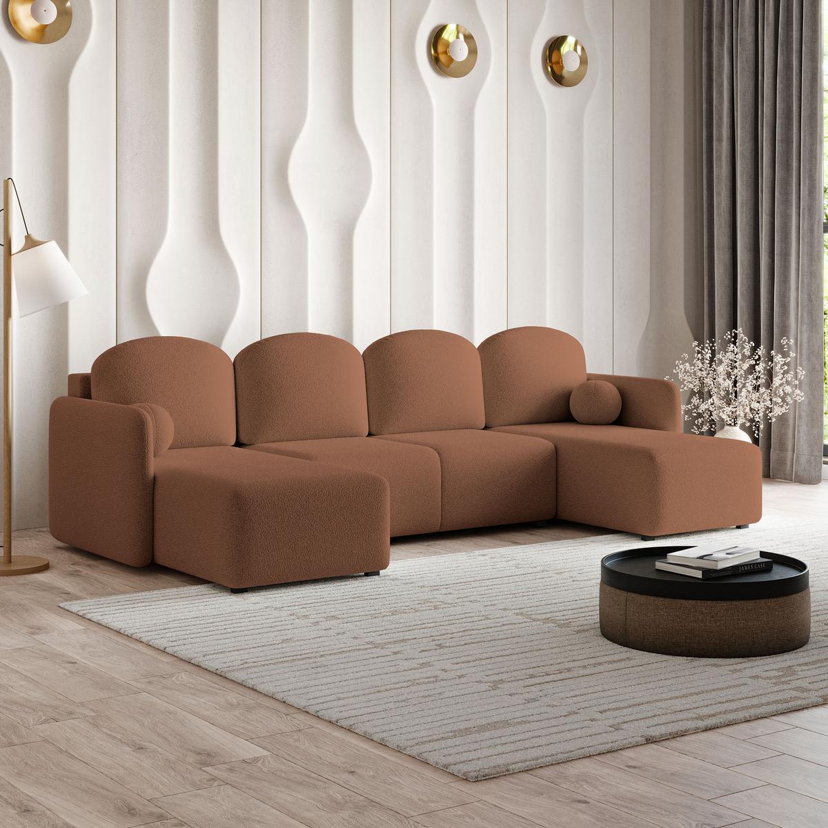 WOHNLANDSCHAFT NUBERO Kupferfarben Boucle-Stoff mit Schlaffunktion - Kupferfarben, Holz (285/85/143cm) - MASSENO