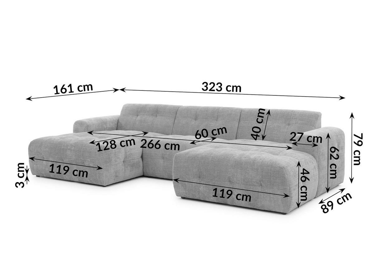 WOHNLANDSCHAFT inkl. Hocker Kozy im Bumpy-Design mit Schlaffunktion und fester Rückenlehne aus weichem Hellgrau Chenille-Stoff - Hellgrau/Schwarz, Holz/Kunststoff (323/79/161cm) - S-Style Möbel