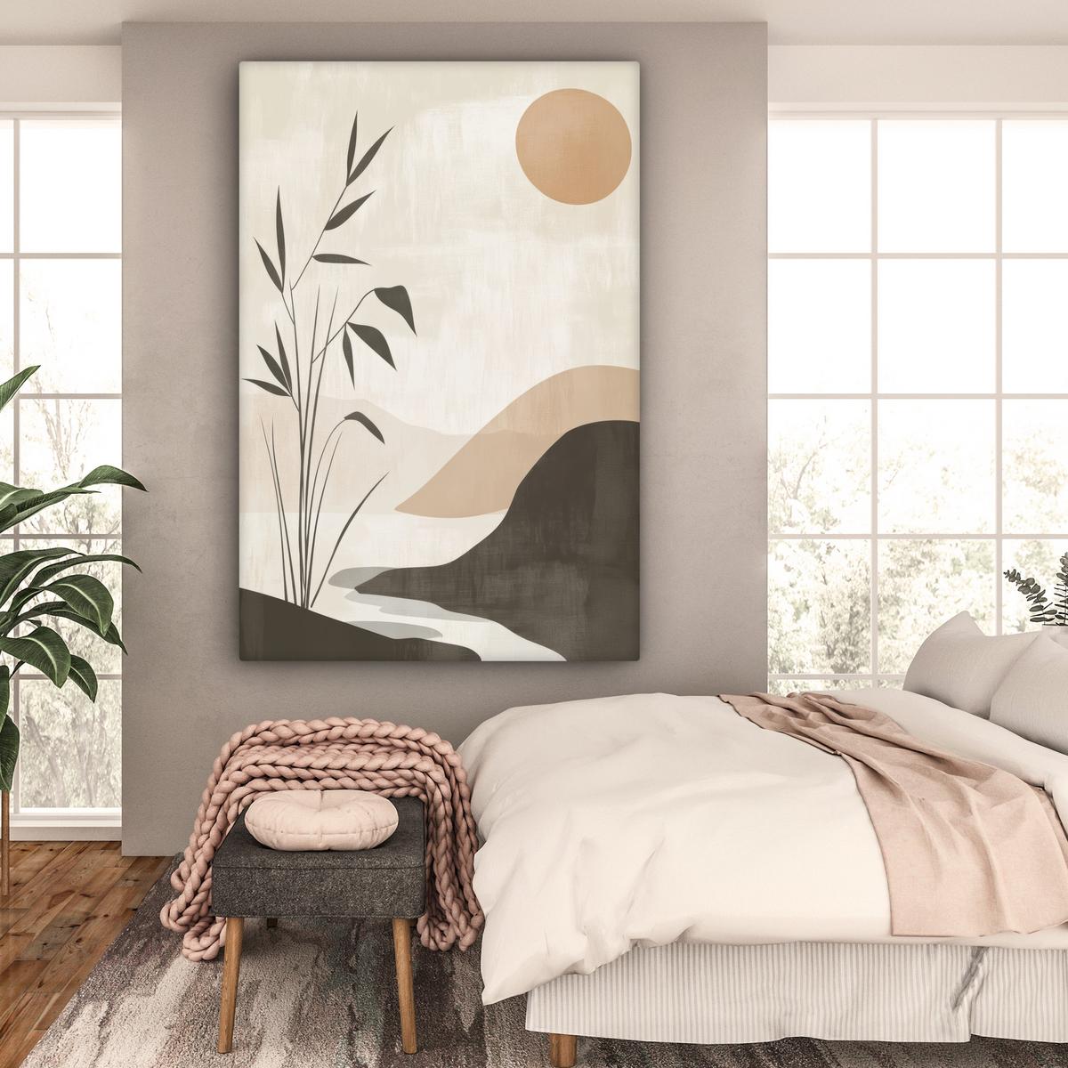 LEINWANDBILD Japandi - Landschaft - Beige Deko Groß 90x140 cm - Cognac, Textil (90/140cm) - MuchoWow