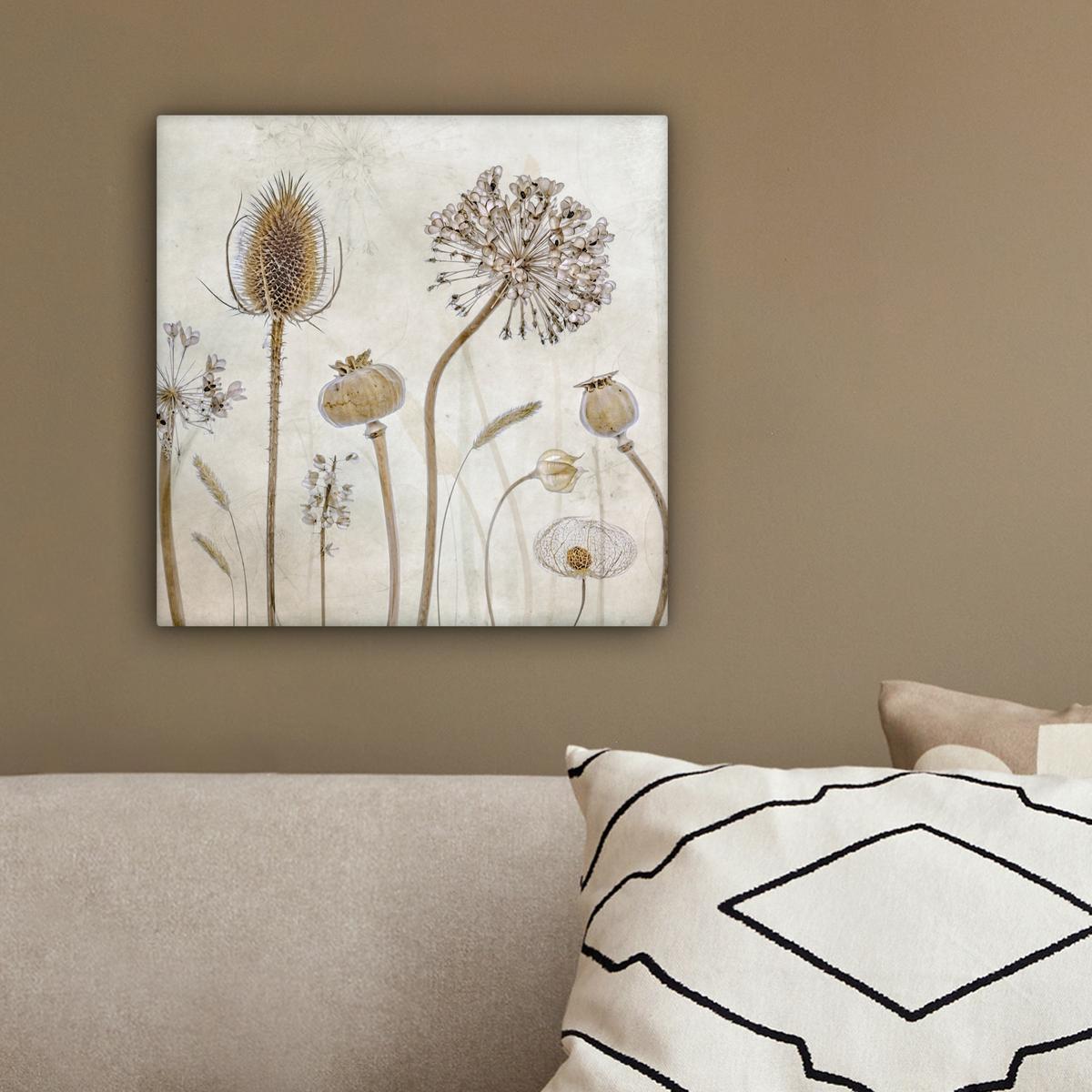LEINWANDBILD Blumen - Aquarell - Stilleben - Braun - Vintage Deko Wohnzimmer 20x20 cm - Beige, Textil (20/20cm) - MuchoWow