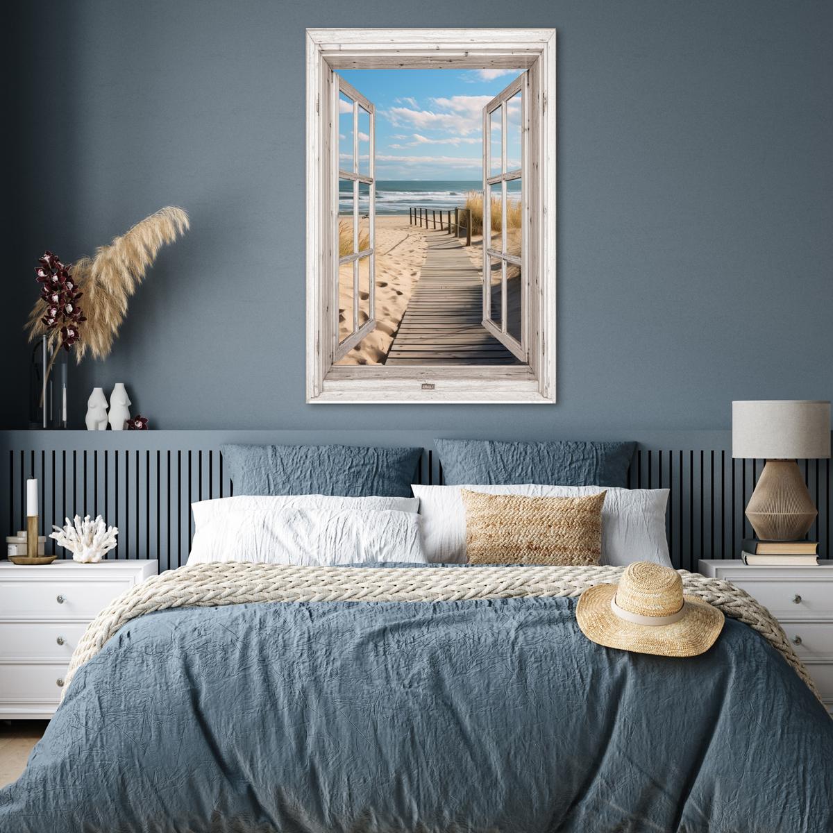 POSTER Fenster - Meer - Küste - Natur - Ausblick - Strand - Wattenmeer Wandbild Schlafzimmer 80x120 cm - Beige, Papier (80/120/0.1cm) - MuchoWow