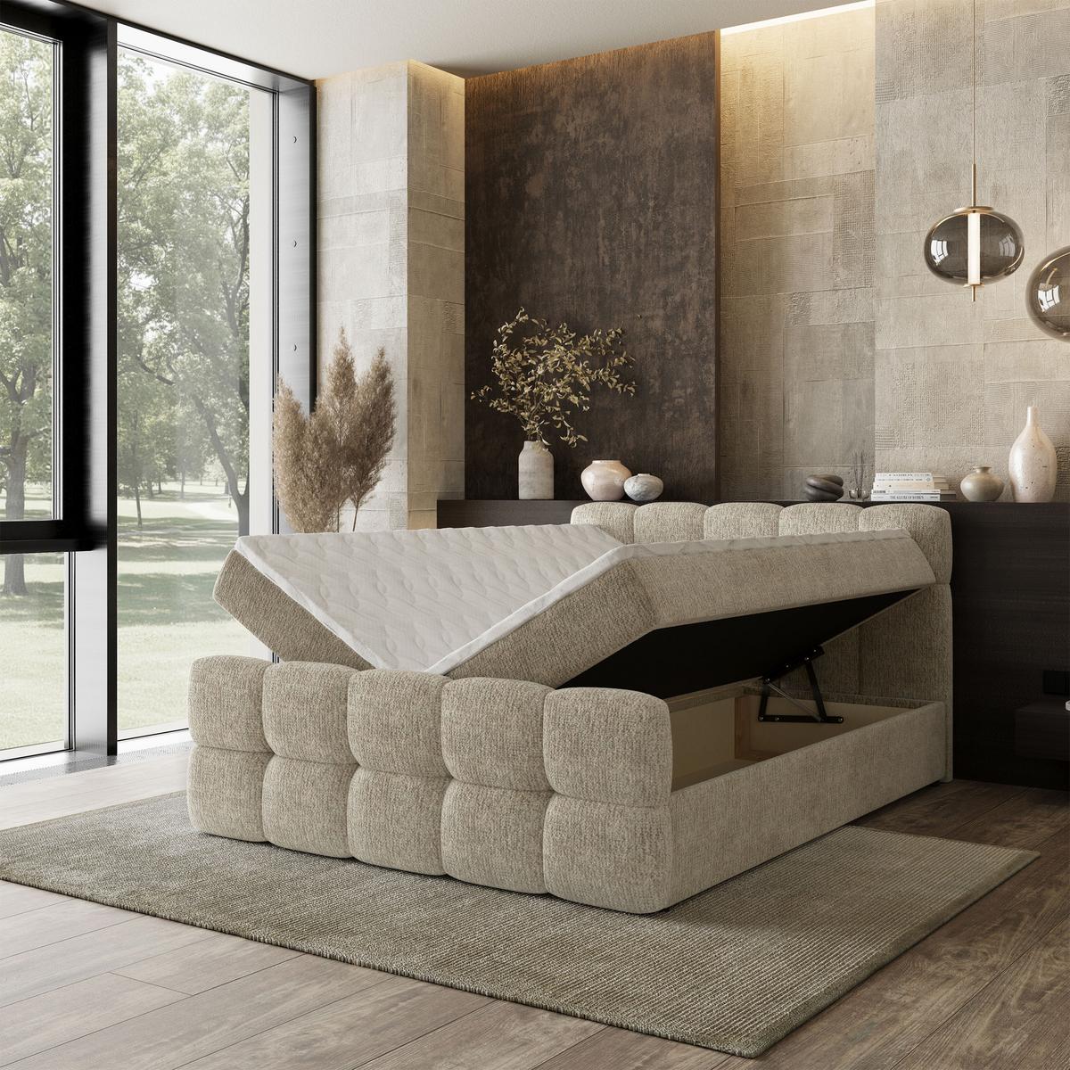 BOXBETT BRUME 160x200 cm mit Matratze und Topper, H2+H3 - Creme - Creme, Holz (160/200cm) - MASSENO