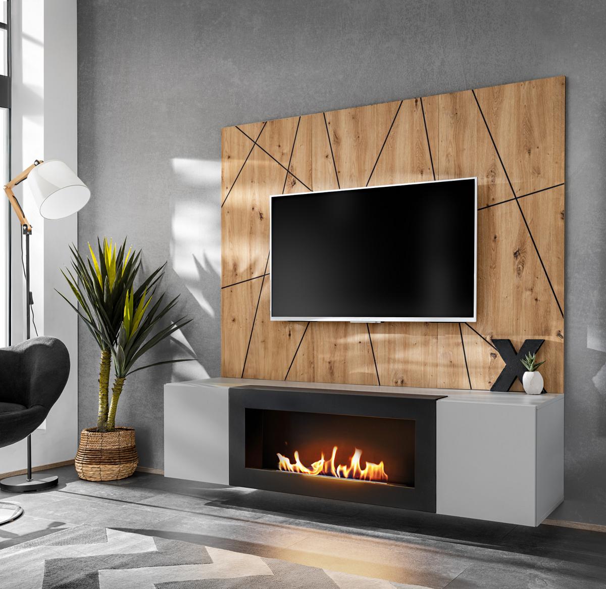 TV-LOWBOARD grau, Eiche Artisan, TV-Unterschrank 160 cm Set mit Ethanol Kamin und Akustikpaneel - Hellgrau/Schwarz, Glas/Holzwerkstoff (160/148/35cm) - Inn.Furn