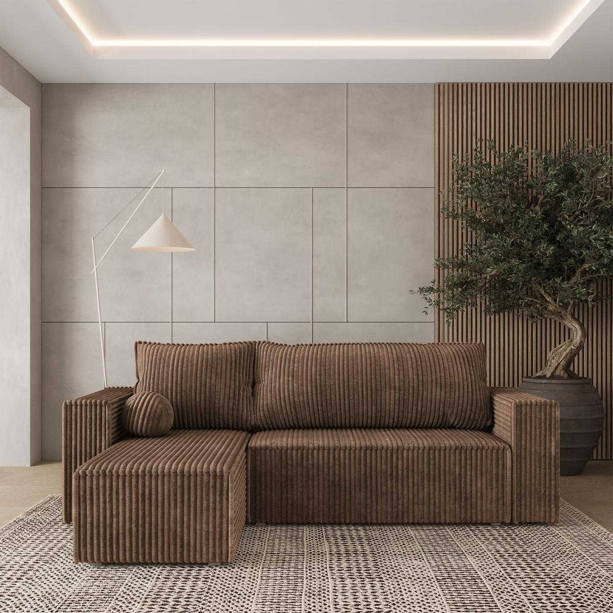 ECKSOFA RAVELO T Beige Kordstoff mit Schlaffunktion - Beige/Grau, Holz/Kunststoff (240/140cm) - MASSENO