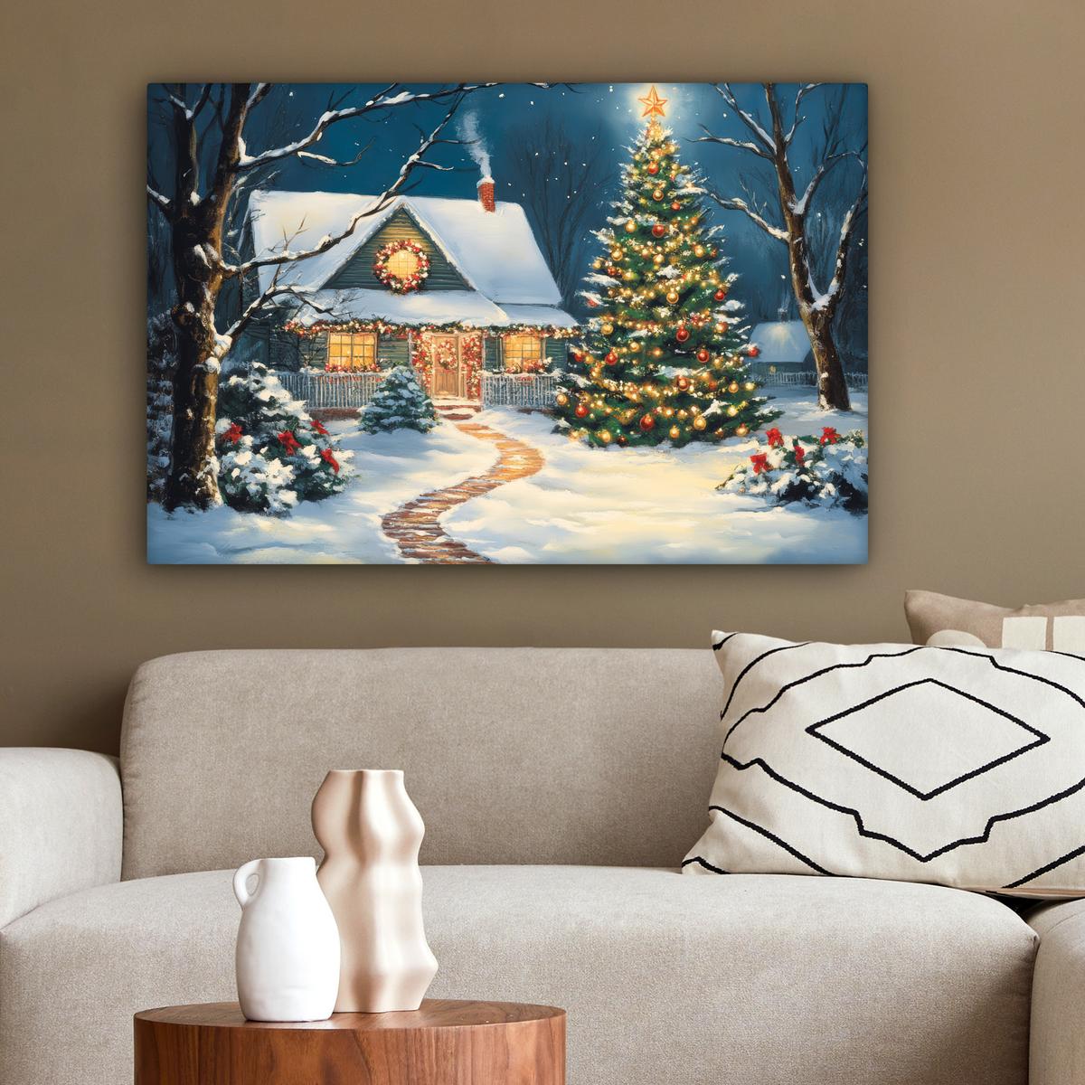 LEINWANDBILD Weihnachten - Weihnachtsbaum - Winter - Zuhause - Schnee Gemälde 60x40 cm - Smaragdgrün, Textil (60/40cm) - MuchoWow