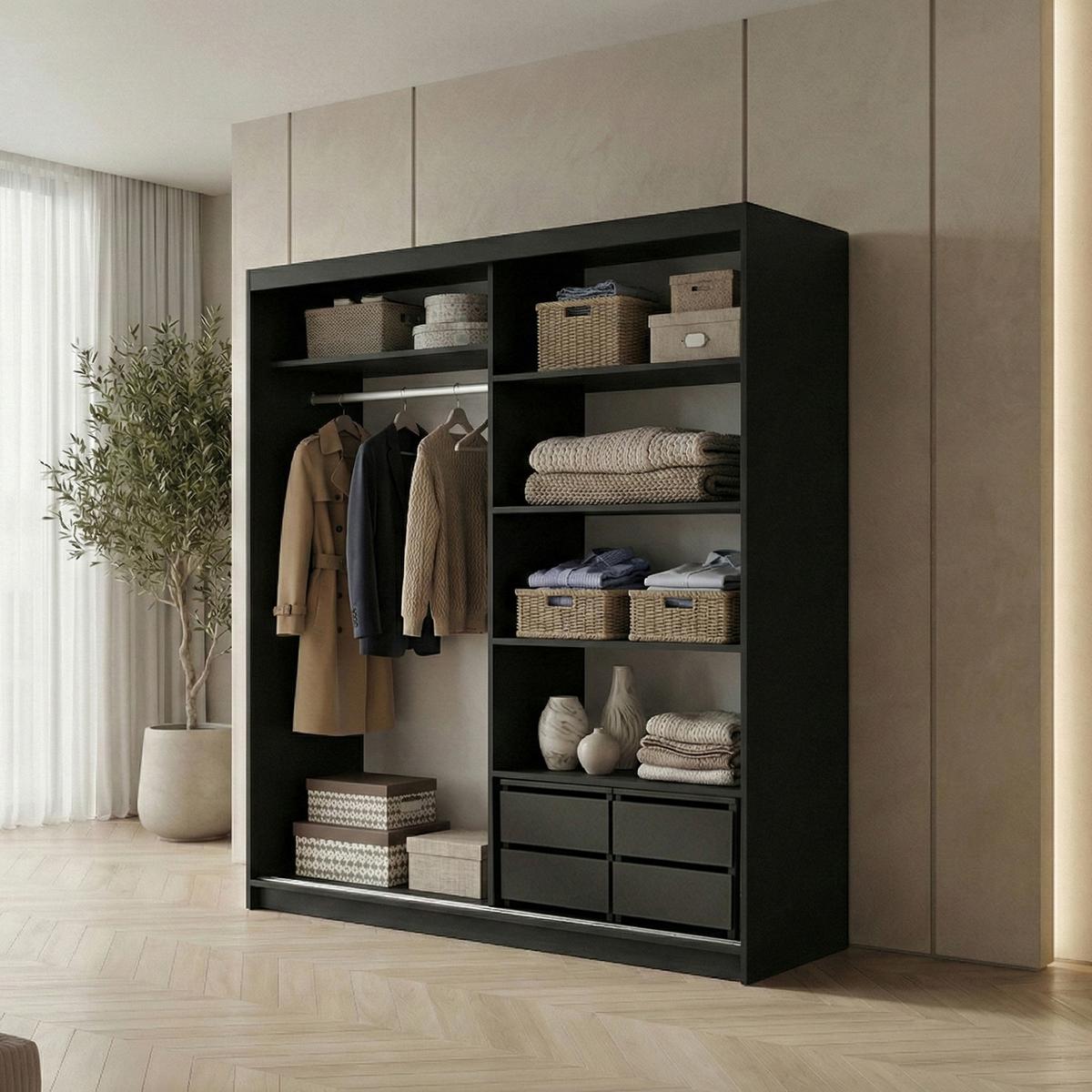 SCHWEBETÜRENSCHRANK Hela mit 2 Türen und Schubkasteneinsätzen, 180 cm, Schwarz - Schwarz, Holzwerkstoff (180/205/60cm) - Beautysofa