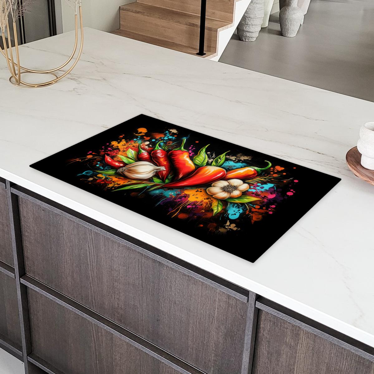 HERDABDECKPLATTE Gemüse - Paprika - Knoblauch - Graffiti - Farbe - Bunt Induktionsschutz 89.6x51.6 cm - Rot, Kunststoff (89.6/51.6/0.2cm) - MuchoWow