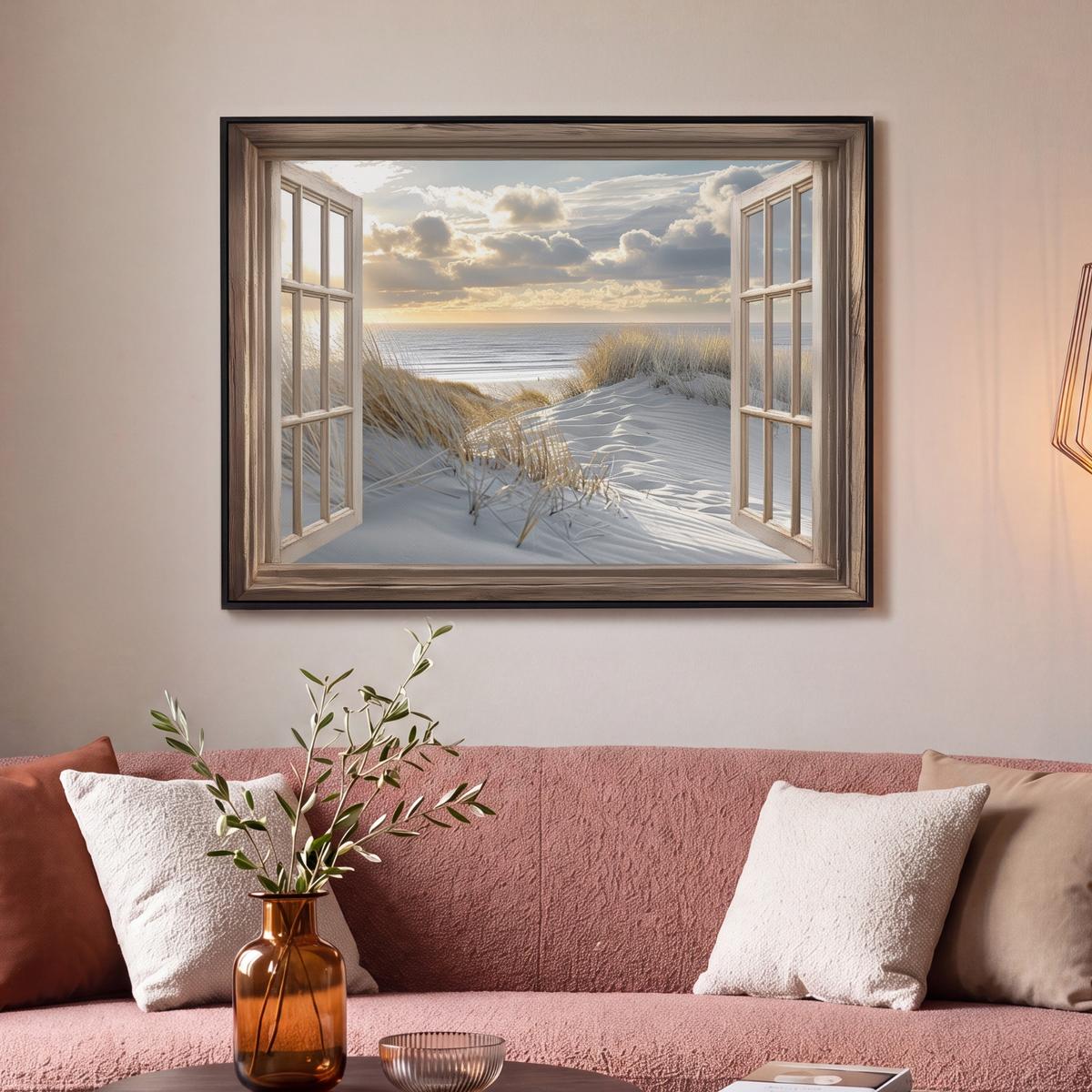 LEINWAND Bilder mit Rahmen - Ausblick - Strand - Dünen - Meer - Natur - 100x70 - Sandfarben, Textil (100/70cm) - MuchoWow
