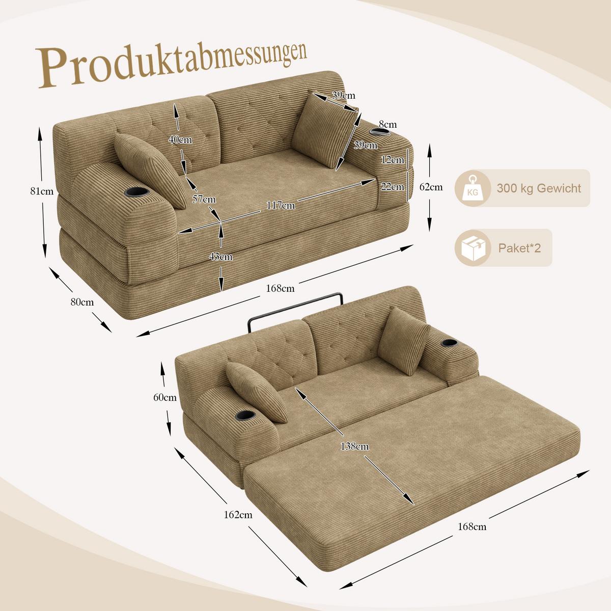 SCHLAFSOFA 2-Sitzer Cord mit Schlaffunktion, Getränkehalter & Taschen - Sandfarben, Textil (168/81/80cm) - Urban Meuble