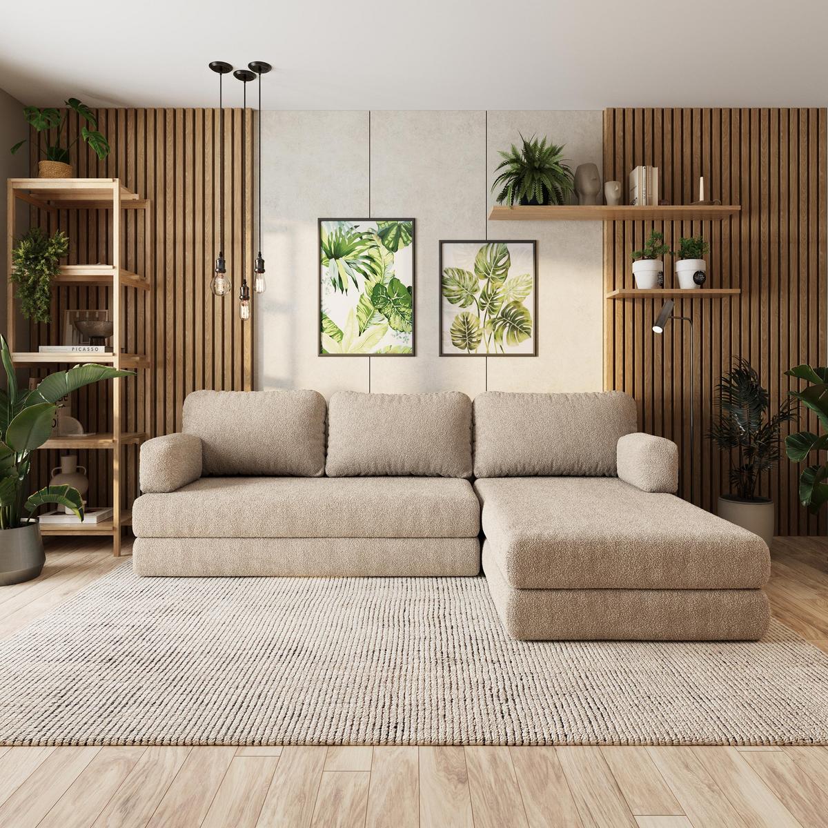 ECKSOFA LEA modulares Boneless Sofa mit Schlaffunktion Beige Boucle-Stoff - Beige, Textil (270/160cm) - MASSENO