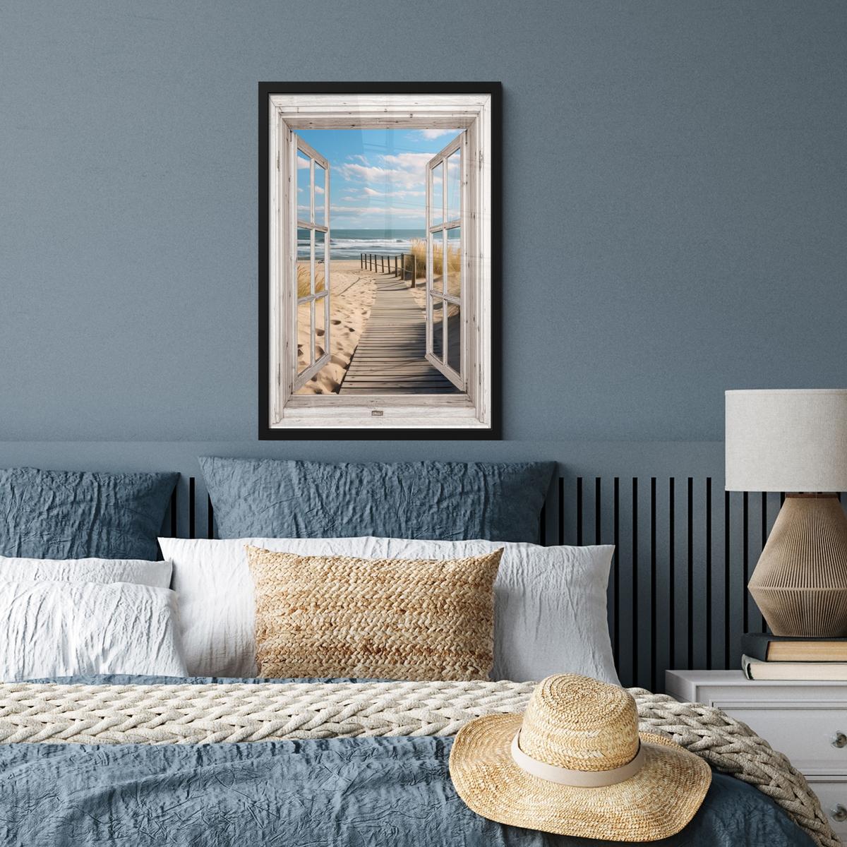 POSTER MIT RAHMEN Fenster - Meer - Küste - Natur - Ausblick - Strand - Wattenmeer Bilder mit Rahmen 40x60 cm - Beige, Papier (40/60cm) - MuchoWow