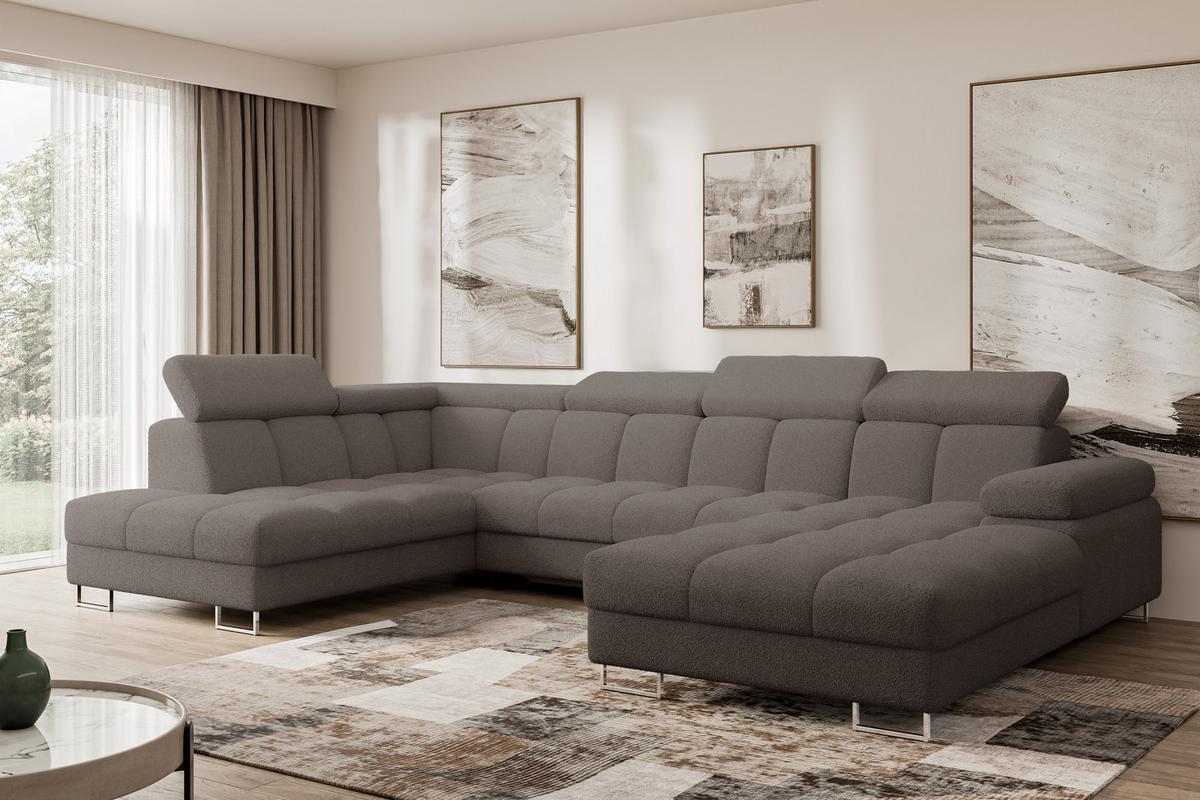 WOHNLANDSCHAFT mit Schlaffunktion und Bettkasten Ottomane Links COMA U 345x203x79 Braun Bouclé - Dunkelbraun, Holzwerkstoff/Textil (345/79/203cm) - ALTDECOR