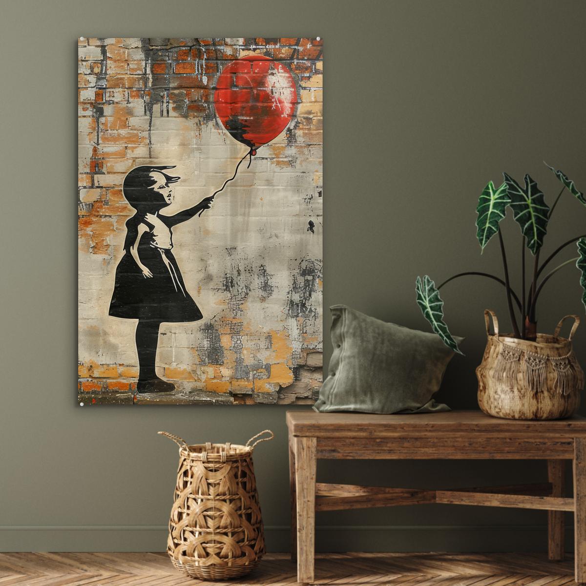 ACRYLGLASBILD Graffiti - Banksy - Mädchen - Straßenkunst 80x120 cm - Sandfarben, Glas (80/120cm) - MuchoWow