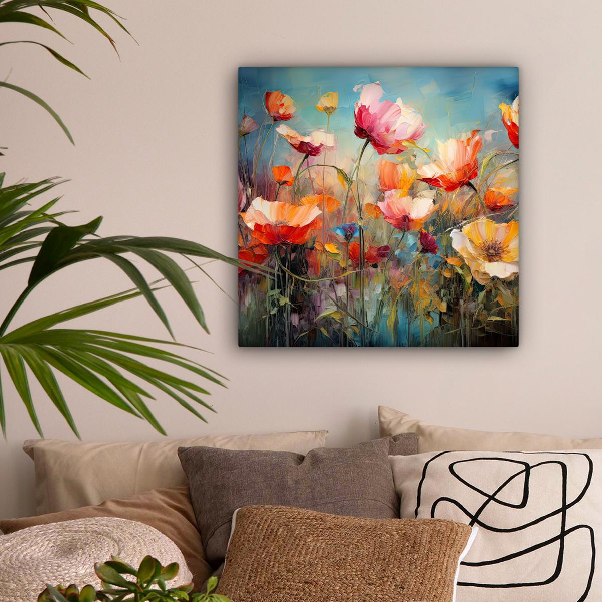 LEINWANDBILD Blumen - Aquarell - Kunst - Botanisch - Natur Wandbild Wohnzimmer 50x50 cm - Orange, Textil (50/50cm) - MuchoWow