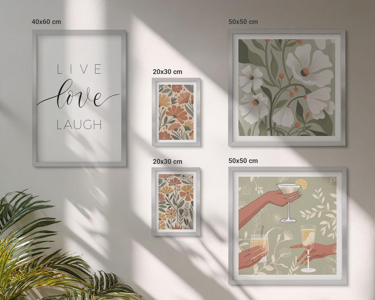 BILDER SET 5er Set - 50x50 cm & 20x30 cm & 40x60 cm Silberner Rahmen - Boho-Pflanzenmuster - Silberfarben, Kunststoff (40/60cm) - TULUP