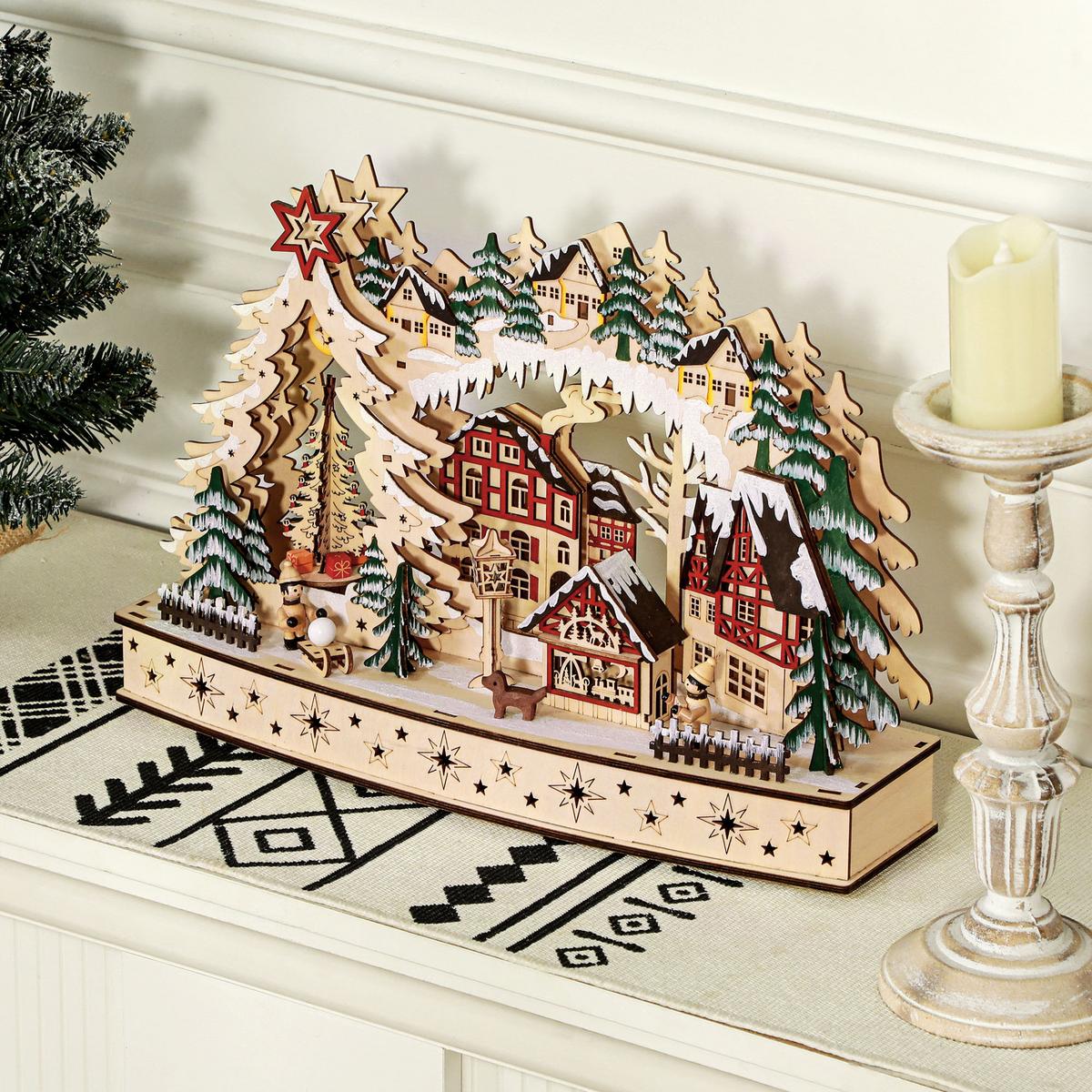 WEIHNACHTSDORF LED Winterlandschaft mit Waldszene, Weihnachtshäusern, Natur - Naturfarben, Holz (12/30/45cm) - HOMCOM