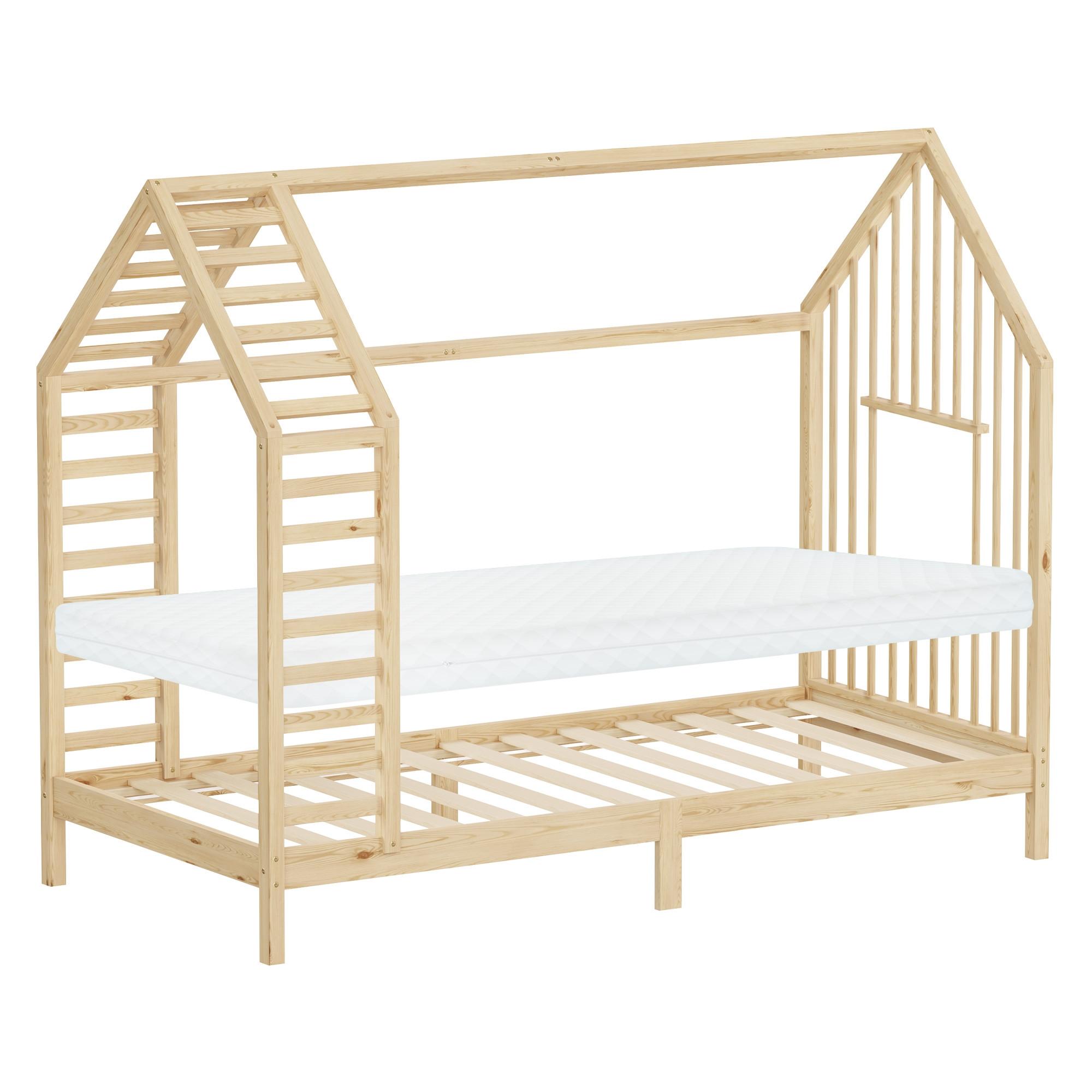 KINDERBETT 90x200 cm mit Matratze Lattenrost & Dach Hausbett aus massivem Kiefernholz Natur - Naturfarben, Holz (90/200cm) - ML-DESIGN