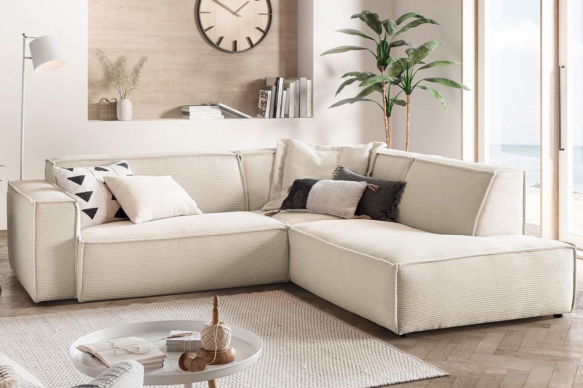 ECKSOFA SAMU Cremeweiß Cord - Creme/Schwarz, Textil (254/224cm) - KAWOLA