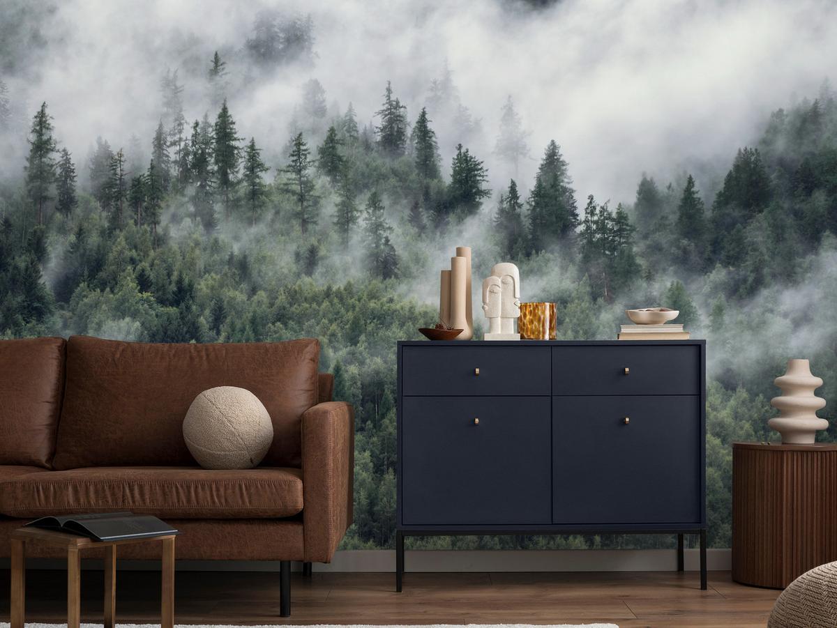 FOTOTAPETE für Schlafzimmer Morgennebel Nadelwald Bäume 350x256 - Weiß/Grau, Papier (350/256cm) - Muralo