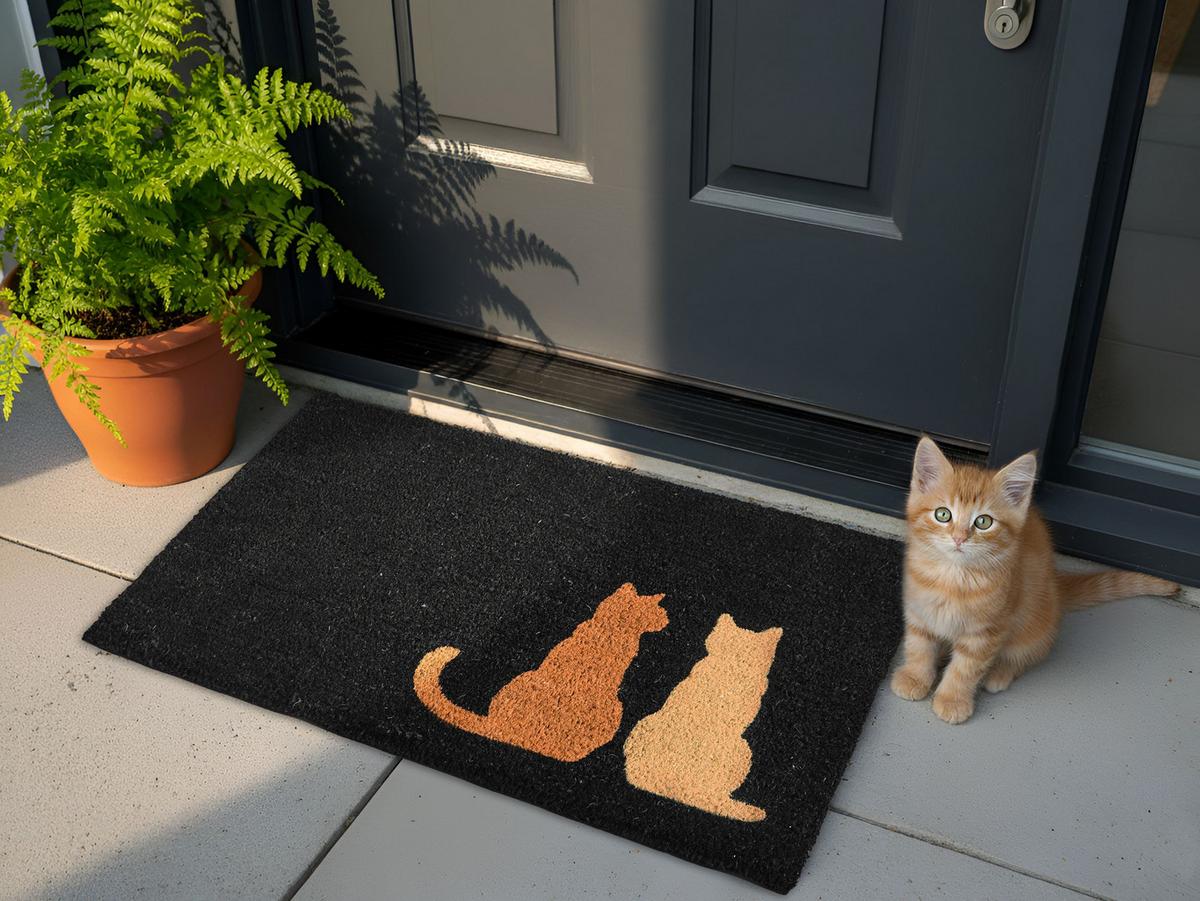 FUSSMATTE Schwarz 60/90 cm Katze Kokosfasern Napalit - Beige, Textil (60/90cm) - Beliani