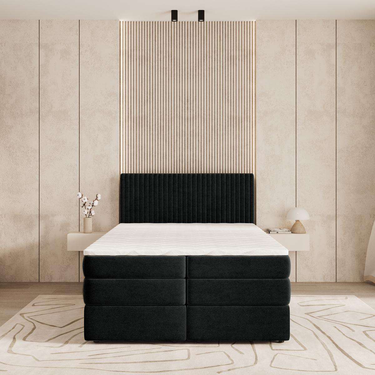 BOXSPRINGBETT FELBIO 180x200 cm mit Matratze und Topper - Schwarz - Schwarz, Holz (180/200cm) - MASSENO