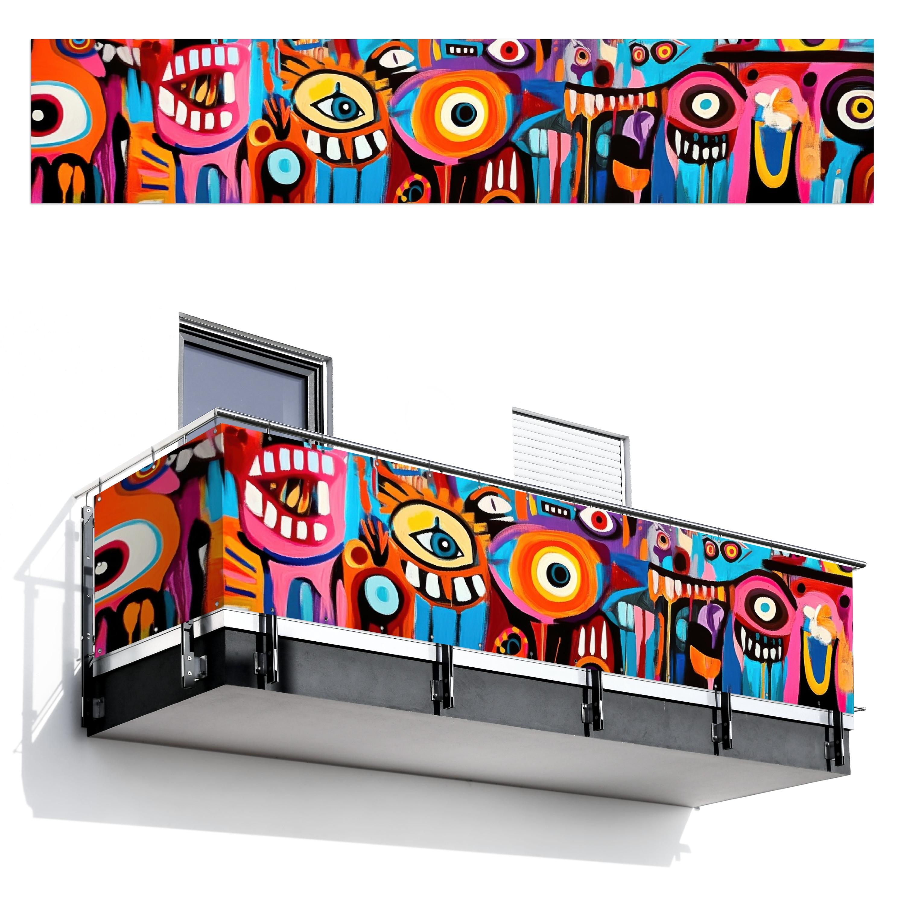 BALKON-SICHTSCHUTZ Abstrakt - Gesicht - Farbenfroh Groß 500x95 cm - Multicolor, Kunststoff (500/95cm) - MuchoWow
