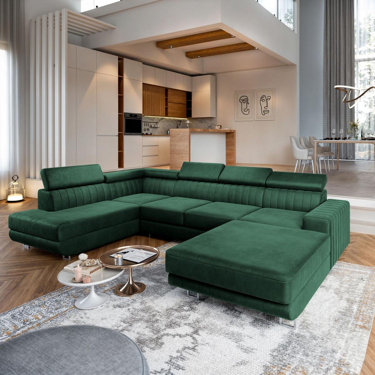 WOHNLANDSCHAFT SIENA L-S Grün Velours-Stoff mit Schlaffunktion - Silberfarben/Grün, Holz/Textil (335/89/190cm) - MASSENO