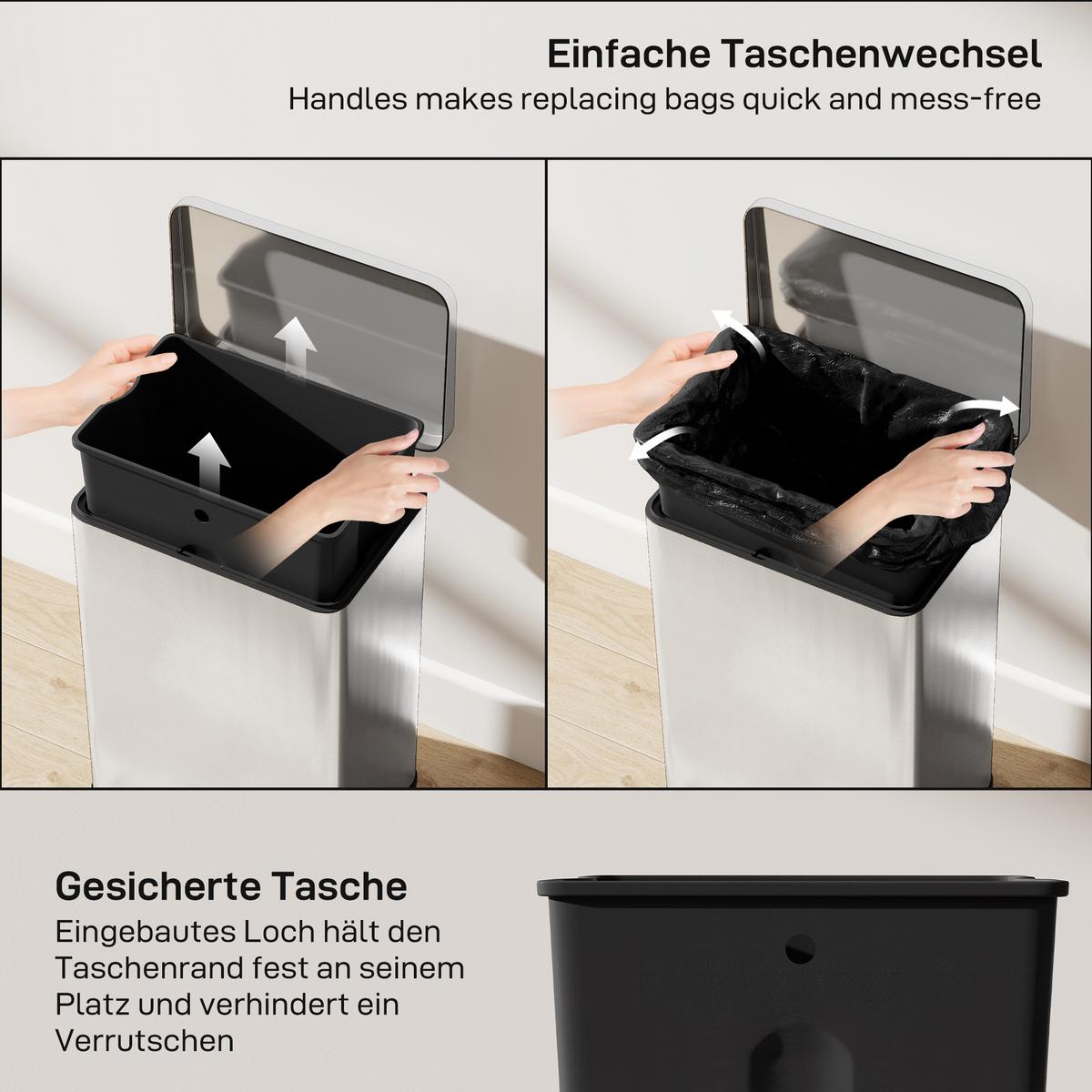 MÜLLEIMER 20 L Treteimer mit Softclose-Deckel, Pedal, Abfalleimer mit Inneneimer - Silberfarben, Metall (30.6/44.2/34.2cm) - HOMCOM