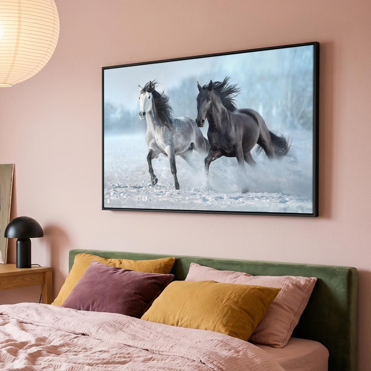 LEINWAND Bilder mit Rahmen - Pferde - Winter - Tiere - Natur - Schnee - 140x90 - Anthrazit, Textil (140/90cm) - MuchoWow