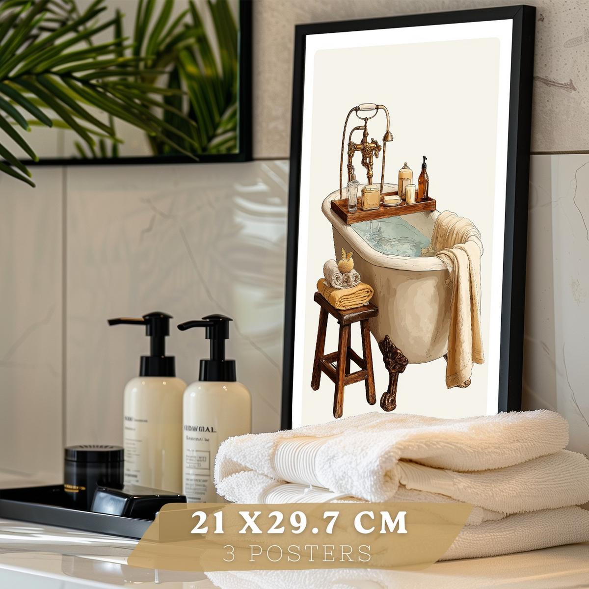 POSTER 3er-Set dekorative Badezimmer-Wandbilder und, Vintage-Stil für Waschbecken, Dusche, WC mit Badewanne, Blumen und Spiegel Schwarzer Rahmen A4 - Schwarz, Papier (29.7/21/3cm) - Nacnic