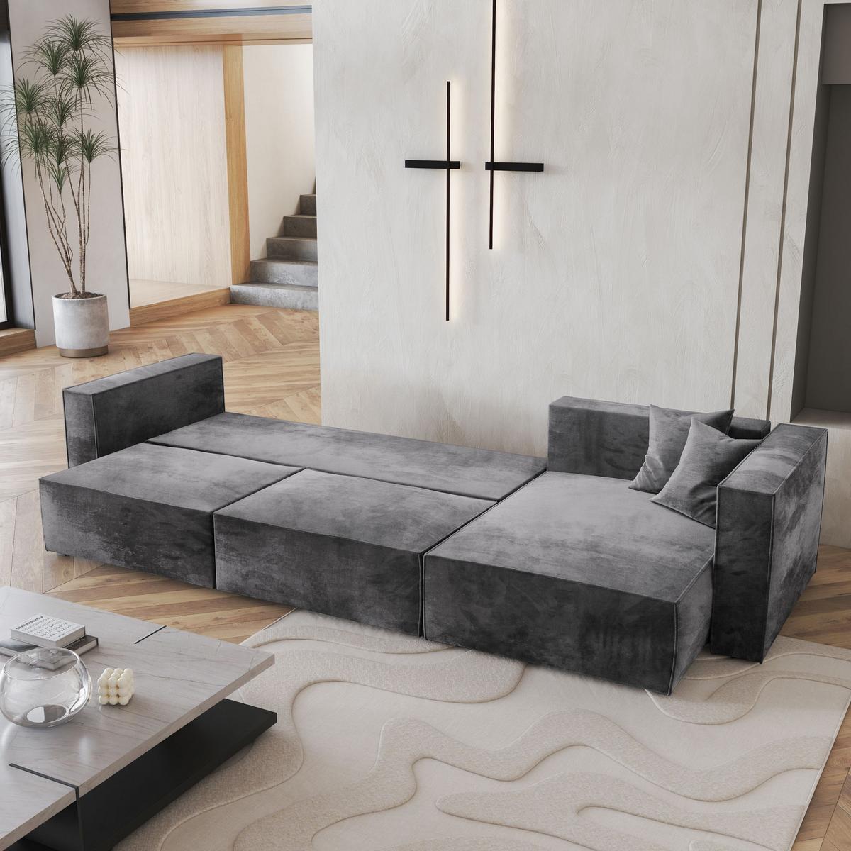 ECKSOFA TOLMO M Grau Velours-Stoff mit Schlaffunktion - Grau, Holz/Kunststoff (347/148cm) - MASSENO