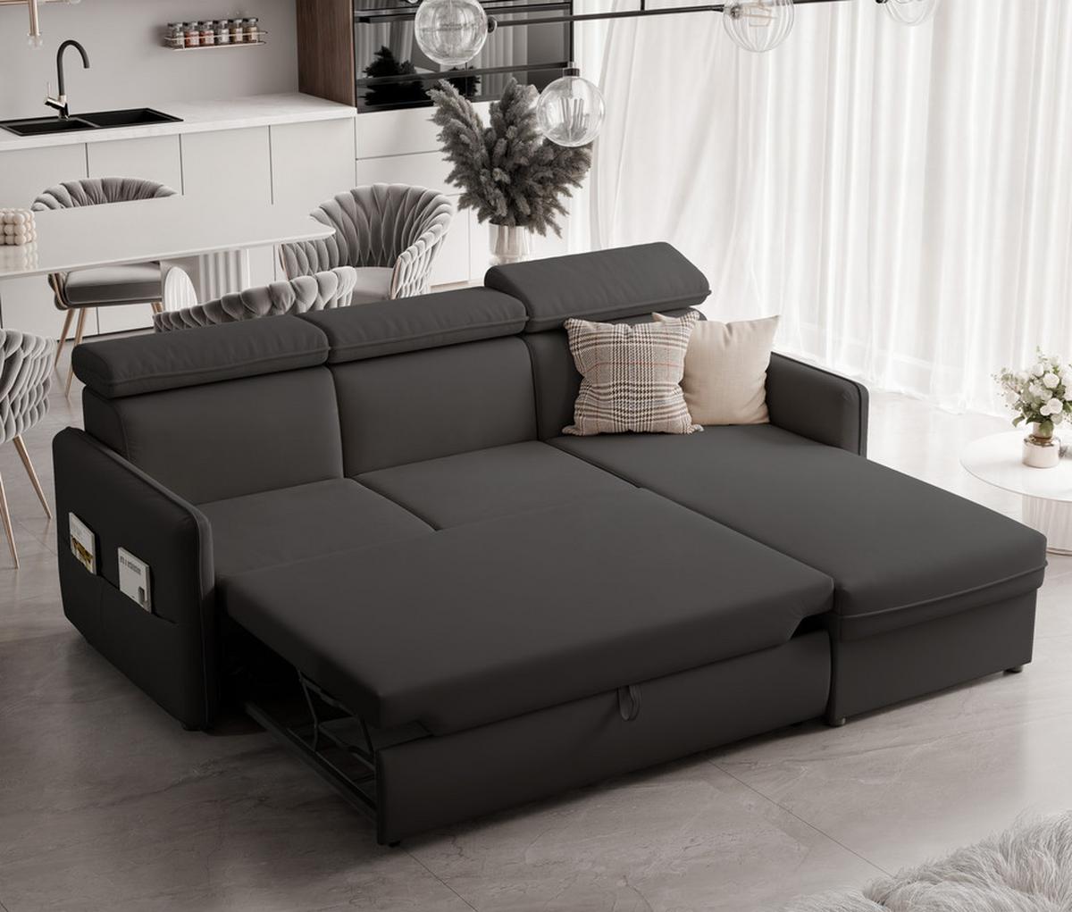 ECKSOFA BENI mit Schlaffunktion und Bettkasten, Stoff Anthrazit - Anthrazit, Kunststoff/Textil (220/160cm) - Idohome